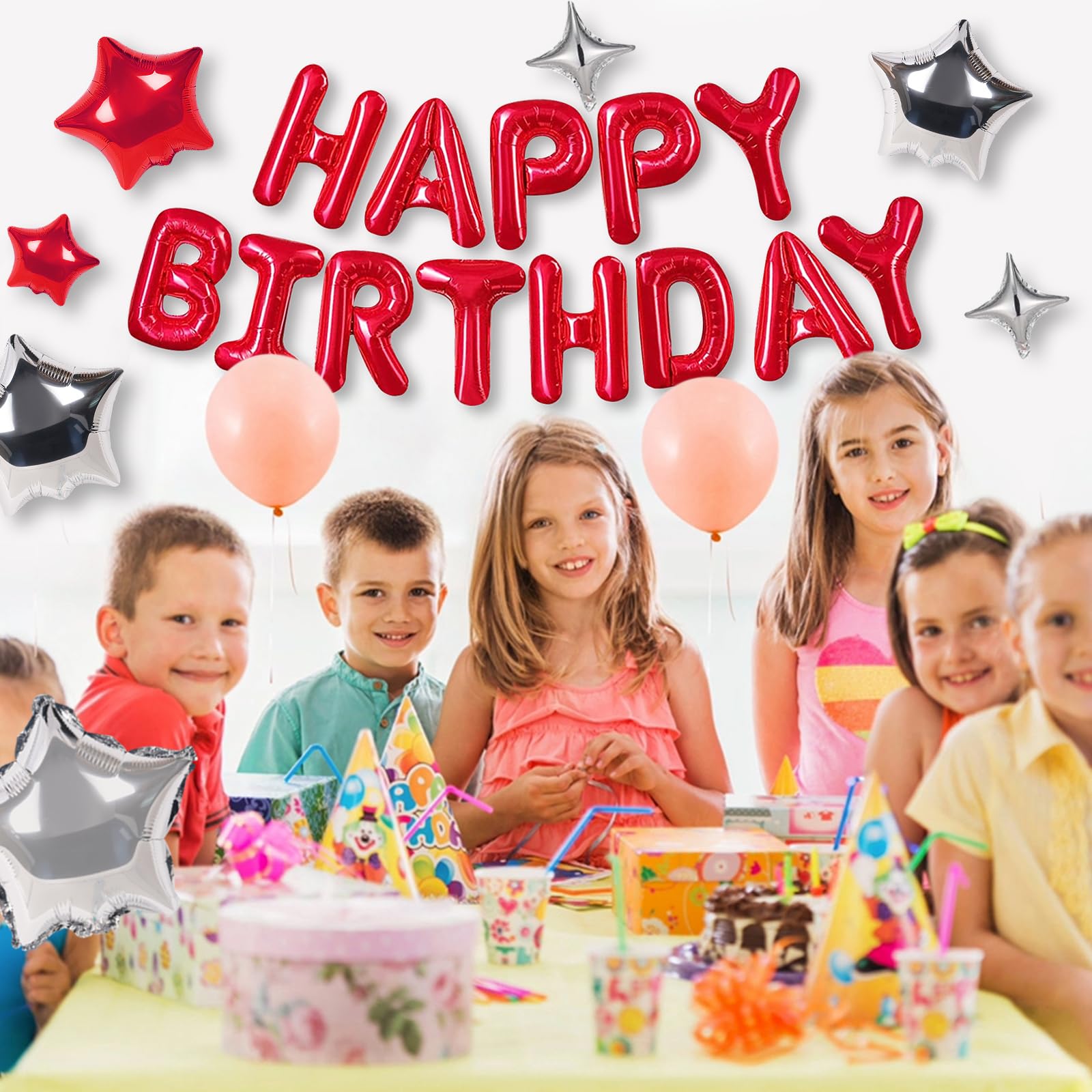 CANREVEL Happy Birthday Banner 13pcs - 16-Inch Red 3D Mylar Foil Letters & Balloons