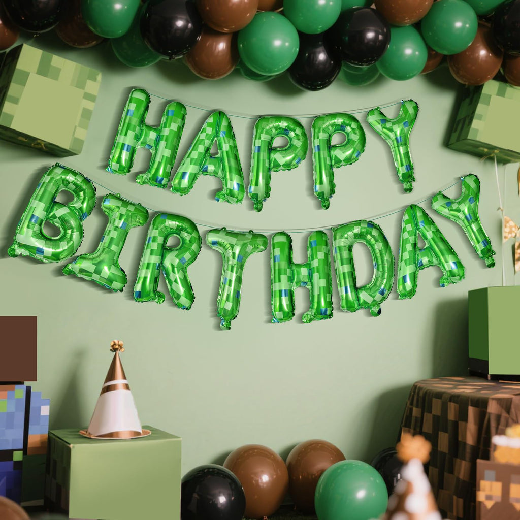 CANREVEL Happy Birthday Banner 13pc 16in Green Pixel Miner Theme – Party Decor for Kids and Adults