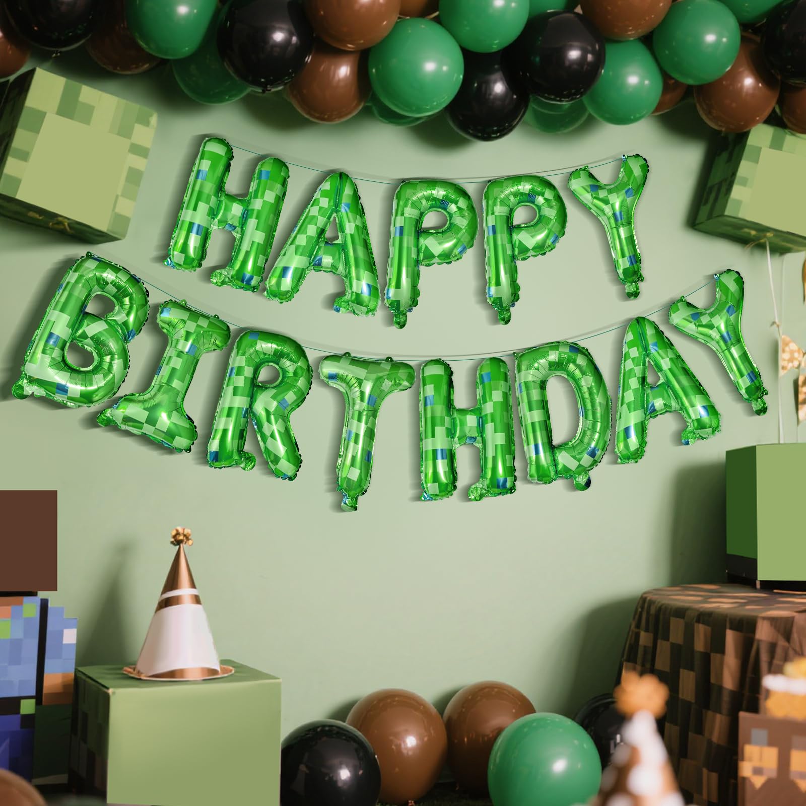 CANREVEL Happy Birthday Banner 13pc 16in Green Pixel Miner Theme – Party Decor for Kids and Adults