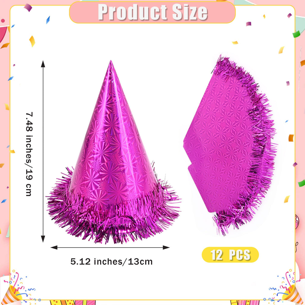 CANREVEL 12-Piece Holographic Party Hats for Adults – Cone Hats with Tinsel for Birthday Celebrations
