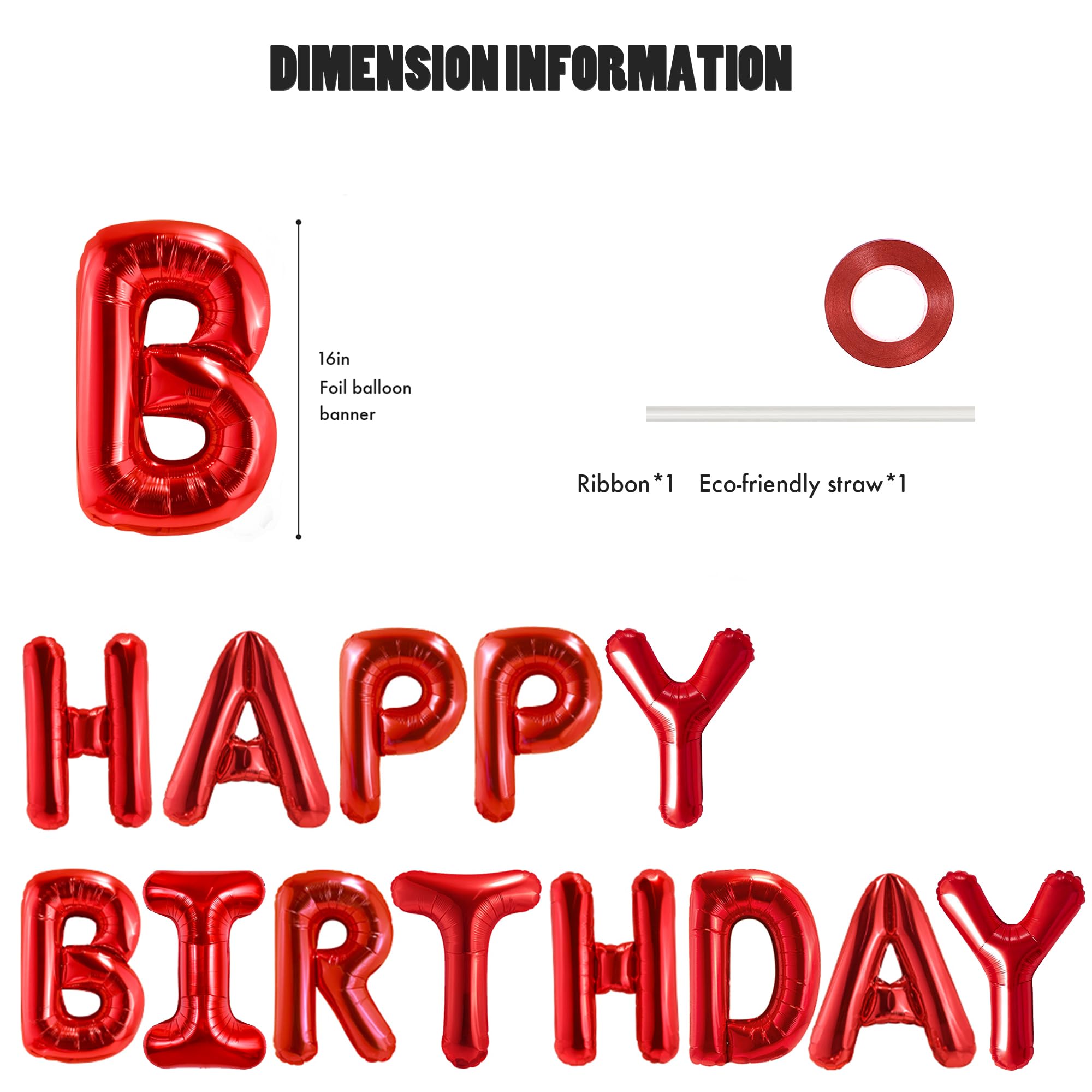 CANREVEL Happy Birthday Banner 13pcs - 16-Inch Red 3D Mylar Foil Letters & Balloons