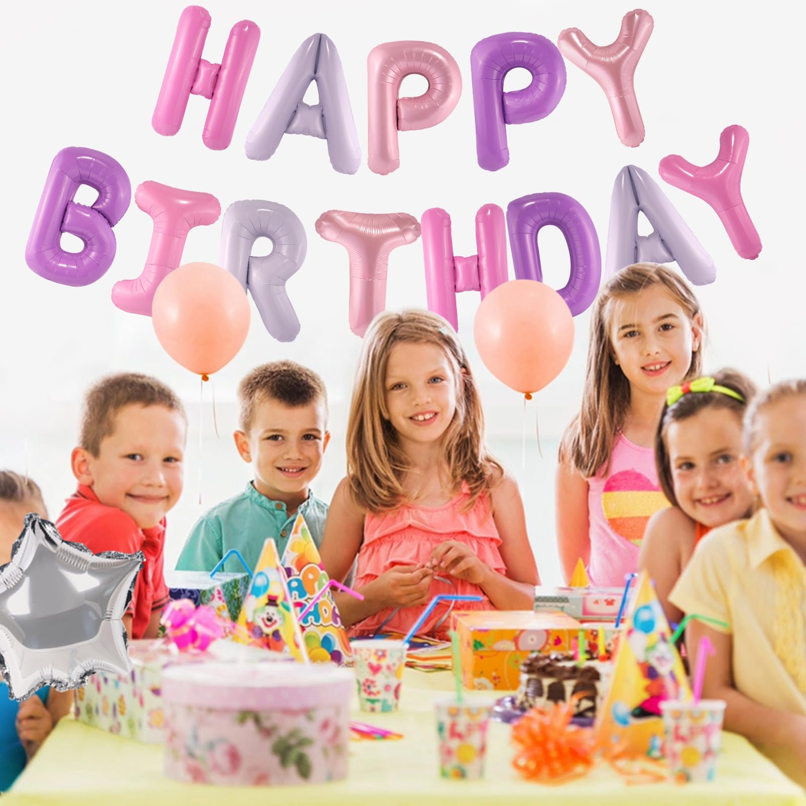 CANREVEL Happy Birthday Banner - 13pc 16in Mylar Foil Letters, Pink & Purple