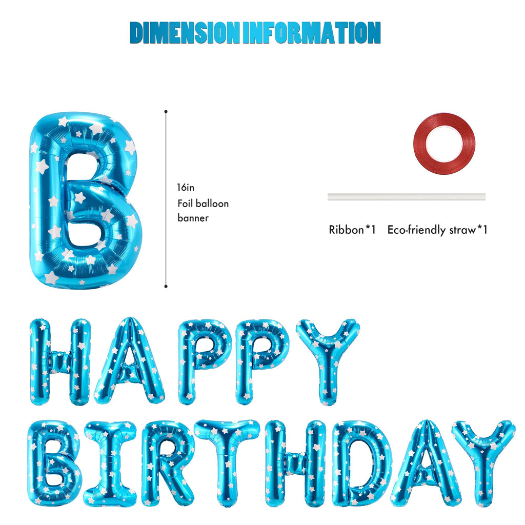 CANREVEL Happy Birthday Banner - 13 Pcs 16-Inch Foil Letter Balloons with 3D Blue Star