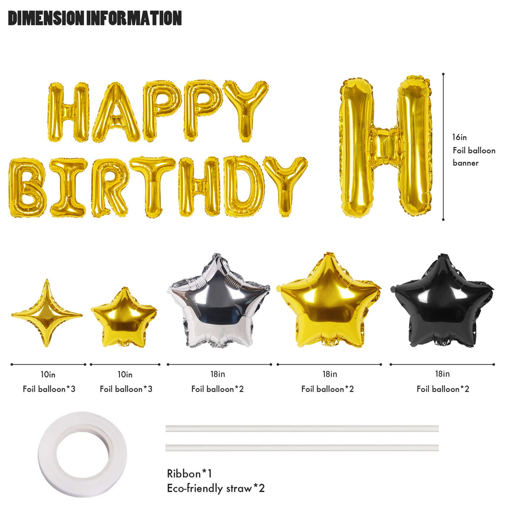 CANREVEL Happy Birthday Banner 13pc 16in Letters + 12 Gold Star Balloons – 3D Gold Party Decor