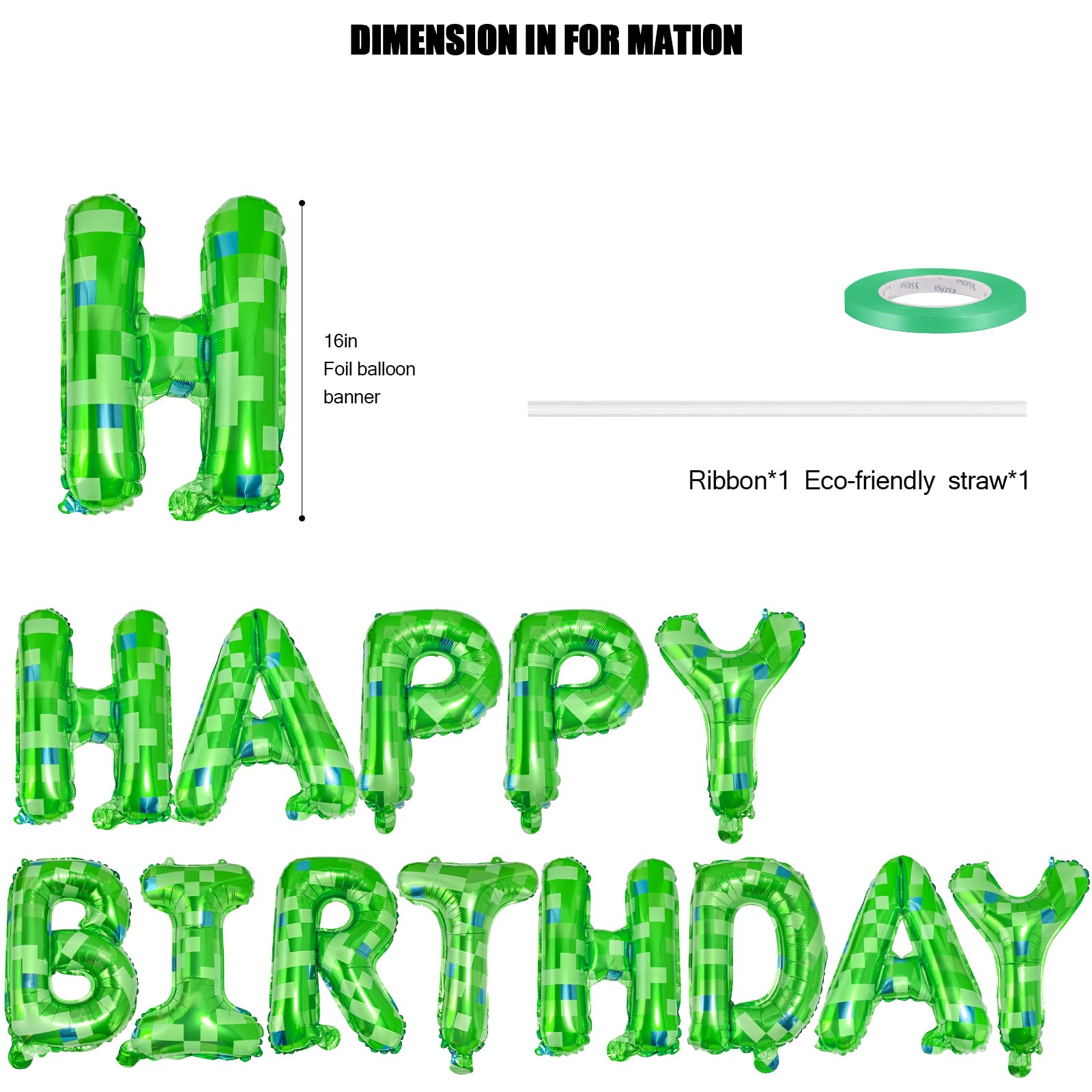 CANREVEL Happy Birthday Banner 13pc 16in Green Pixel Miner Theme – Party Decor for Kids and Adults