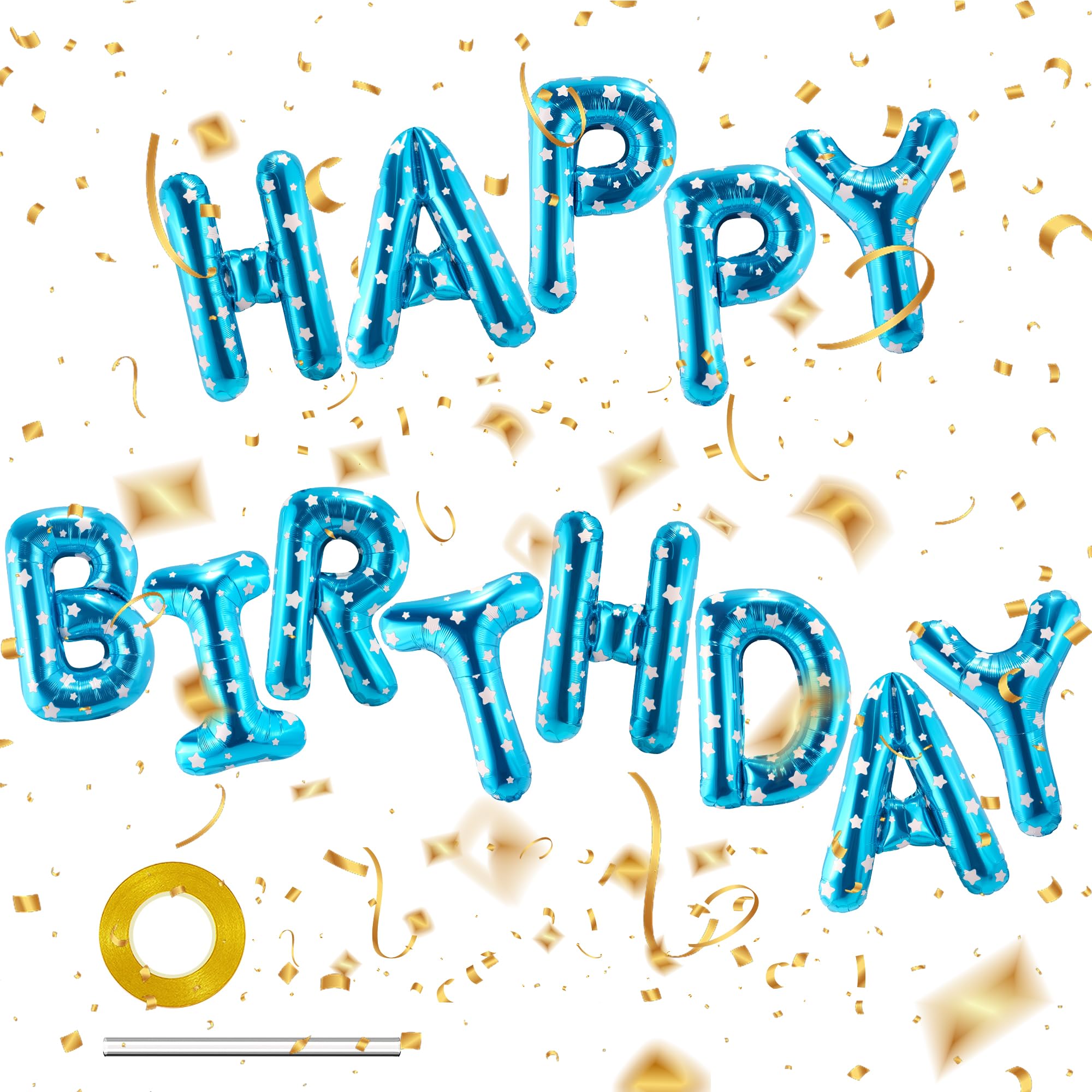 CANREVEL Happy Birthday Banner - 13 Pcs 16-Inch Foil Letter Balloons with 3D Blue Star