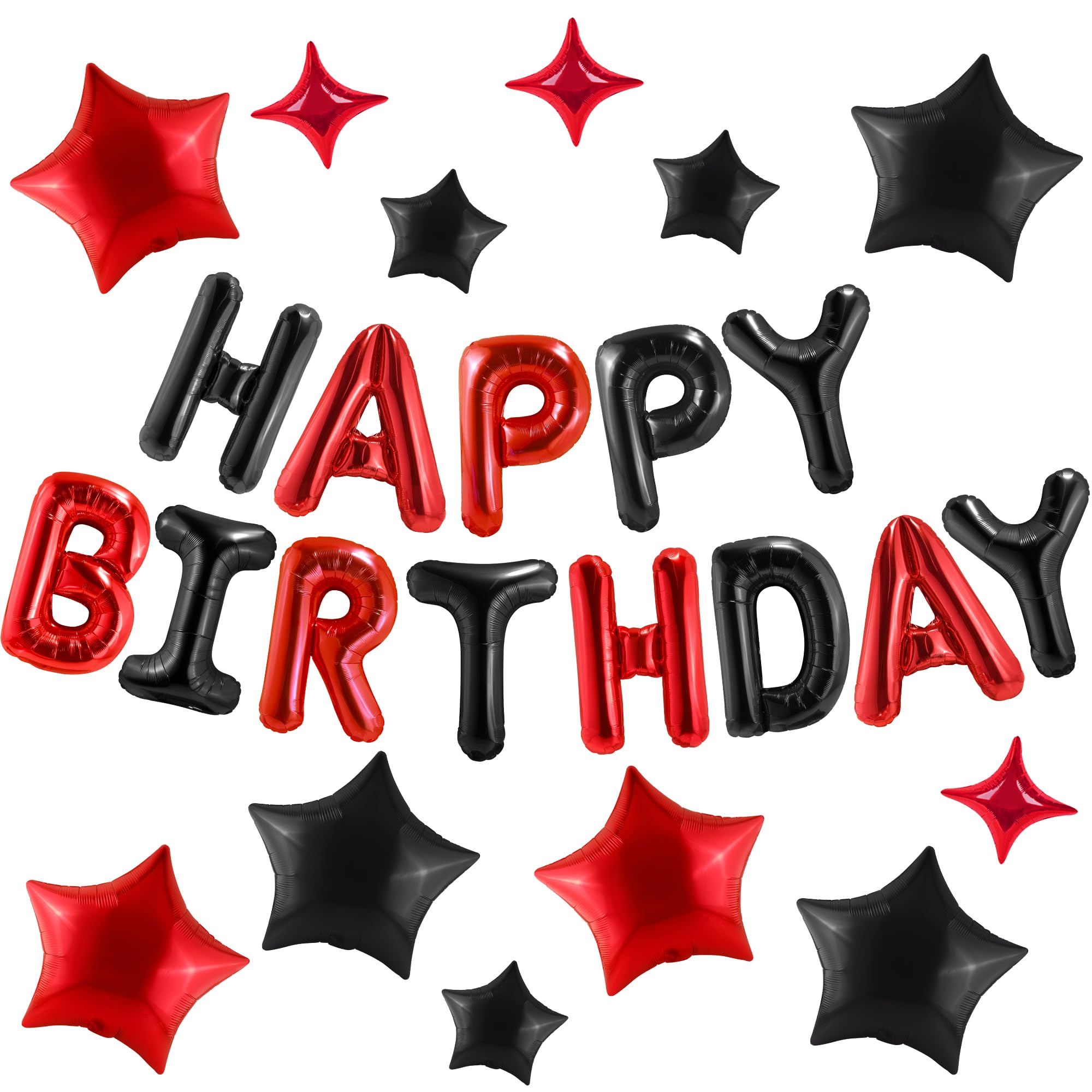 CANREVEL Happy Birthday Banner 13pc 16in + 12 Star Balloons – Black & Red
