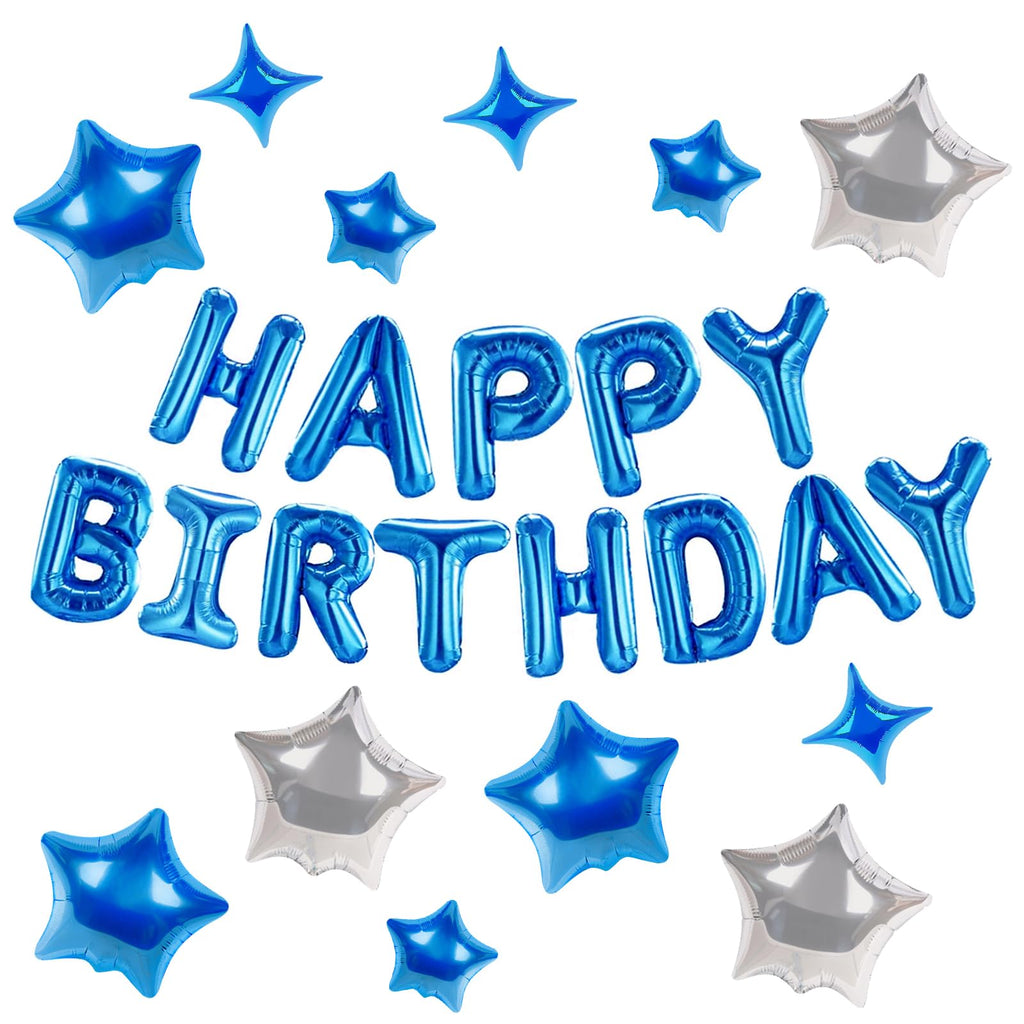 CANREVEL Happy Birthday Banner 13pcs 16in + 12 Star Balloons | 3D Blue Party Decorations for Kids & Adults