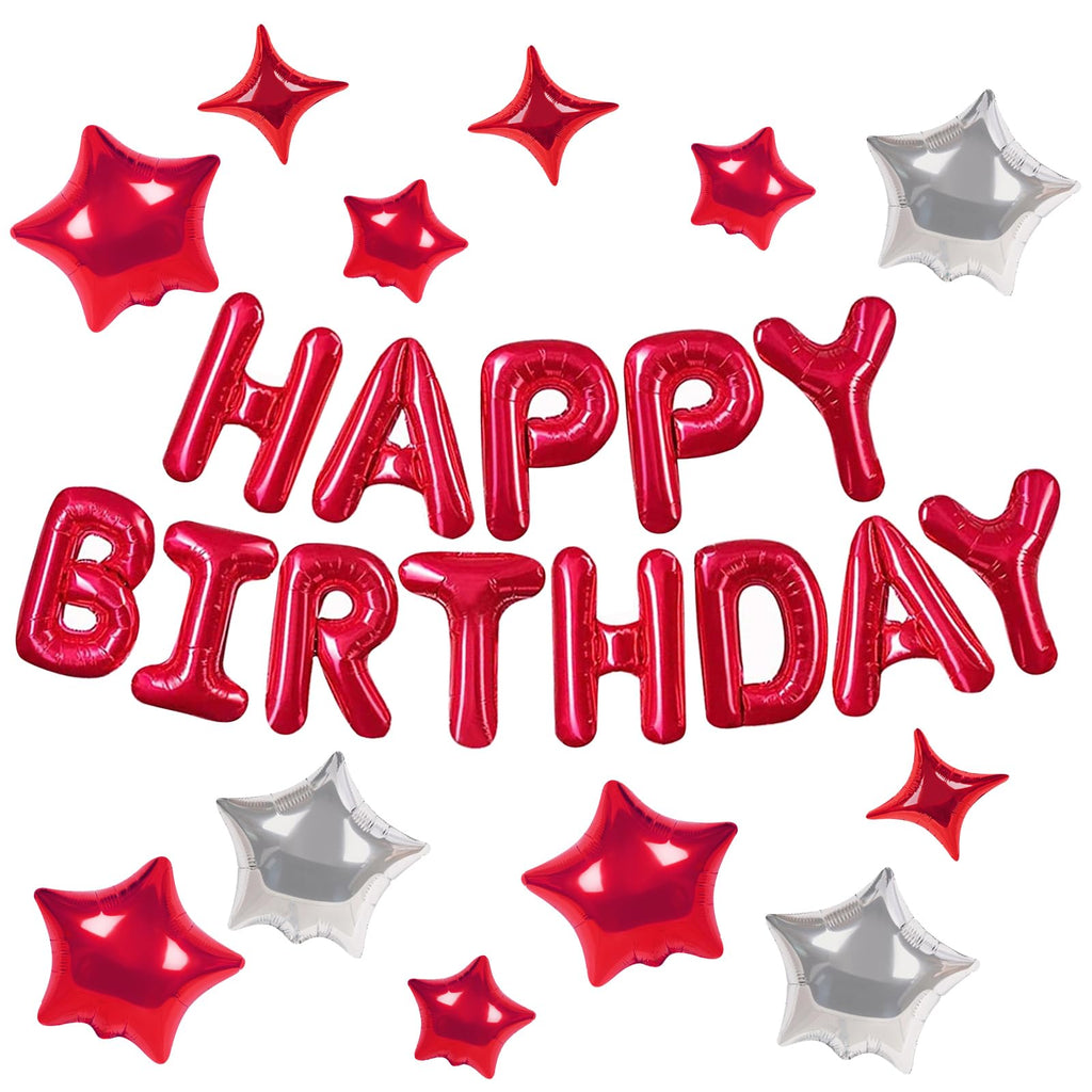 CANREVEL Happy Birthday Banner 16in Letters + 12 Red Star Balloons – 3D Red Party Decorations