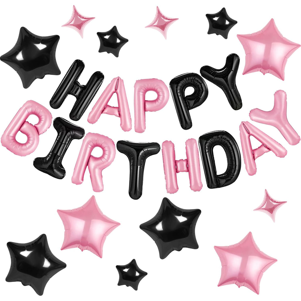 CANREVEL Happy Birthday Banner 16in - 13-Letter Set + 12 Star Balloons, Black & Pink 3D Party Decor