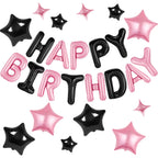 CANREVEL Happy Birthday Banner 16in - 13-Letter Set + 12 Star Balloons, Black & Pink 3D Party Decor