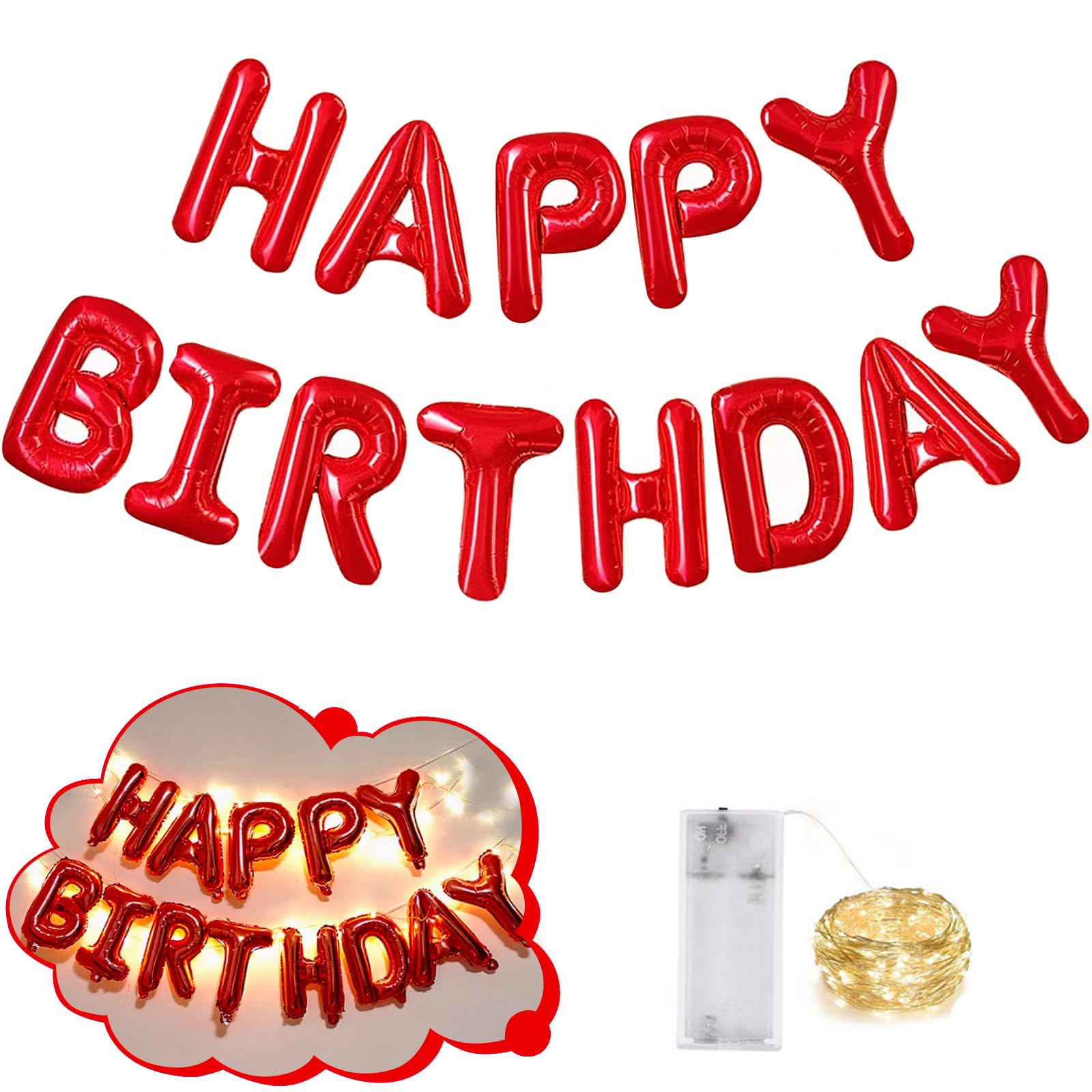 CANREVEL Happy Birthday Banner 13pc 16-Inch Mylar Foil Letters with LED Lights – 3D Red Party Decorations
