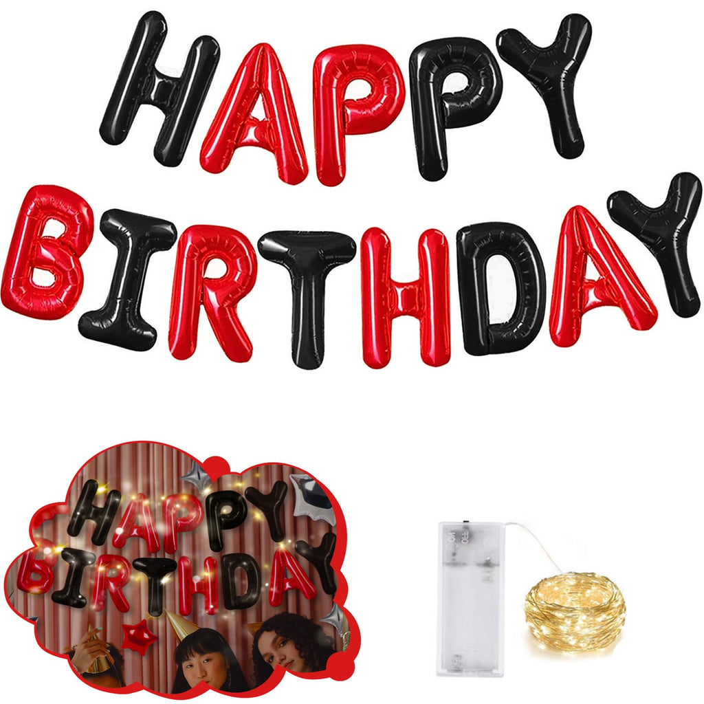 CANREVEL Happy Birthday Banner 13pcs 16 Inch Mylar Foil Letters with LED Lights – Black & Red Party Decor