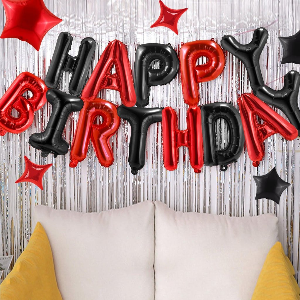 CANREVEL Happy Birthday Banner 13pc 16-Inch Foil Letters – 3D Black Red Birthday Party Decorations