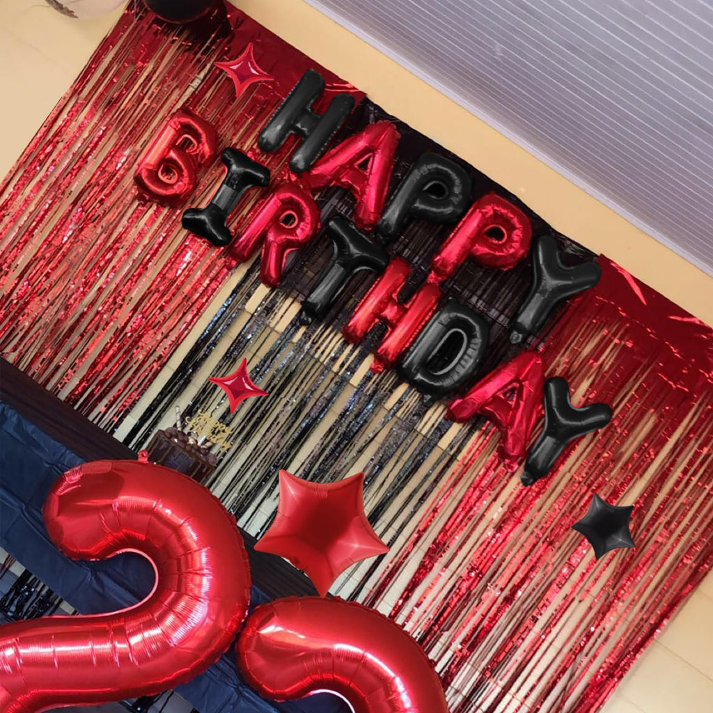 CANREVEL Happy Birthday Banner 13pc 16-Inch Foil Letters – 3D Black Red Birthday Party Decorations