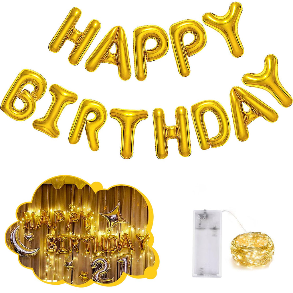CANREVEL Happy Birthday Banner - 13pc 16in Gold Foil Letters with LED Lights