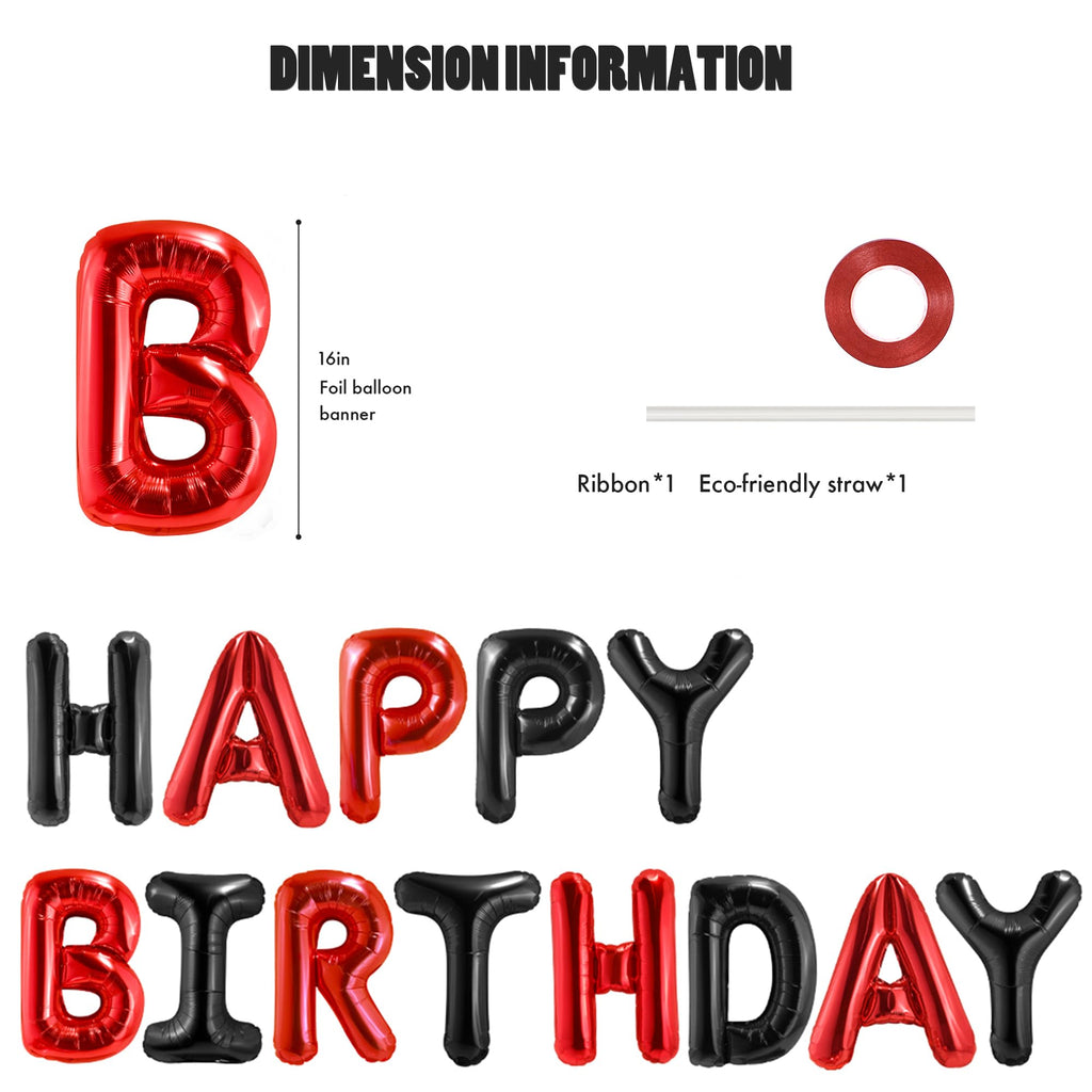 CANREVEL Happy Birthday Banner 13pc 16-Inch Foil Letters – 3D Black Red Birthday Party Decorations