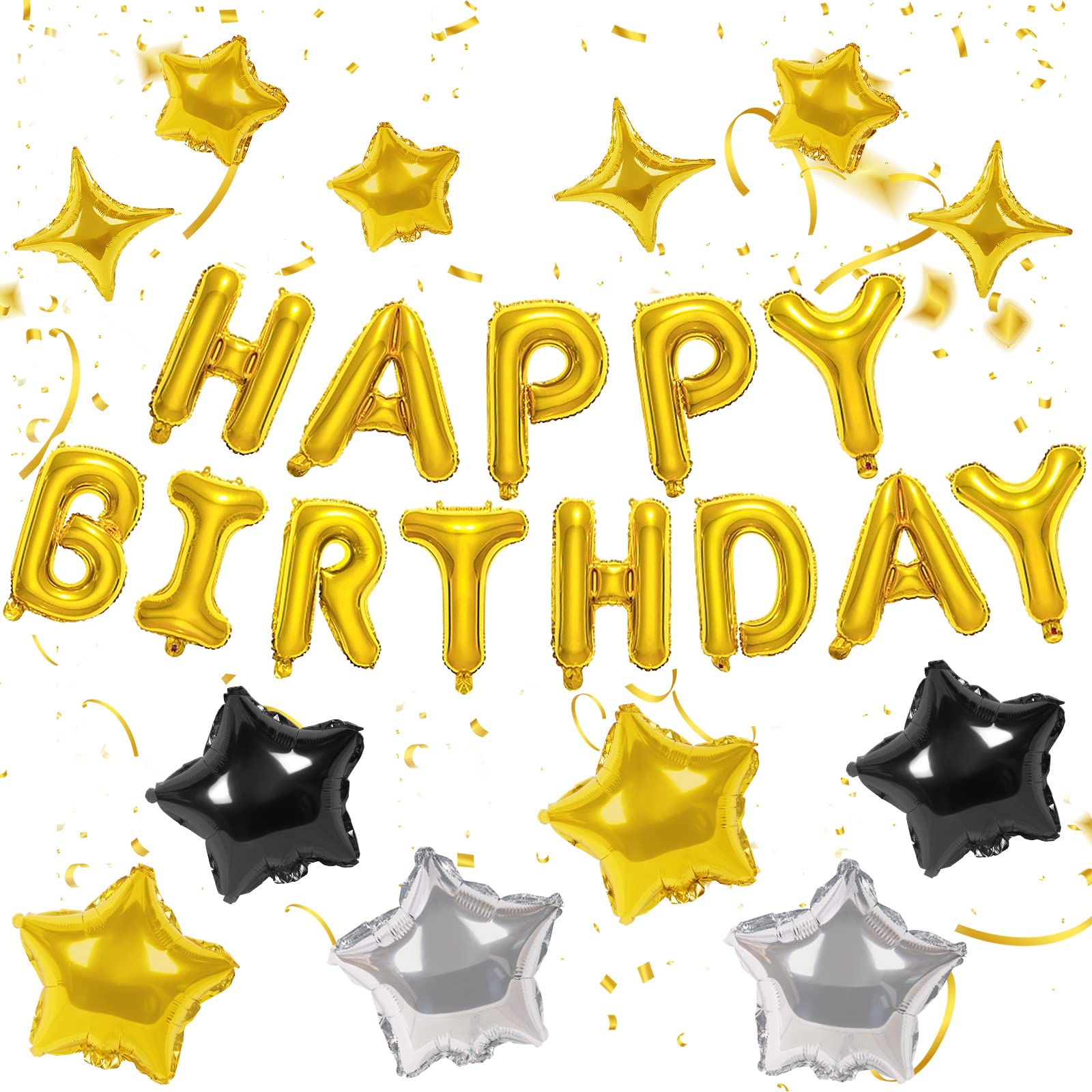 CANREVEL Happy Birthday Banner 13pc 16in Letters + 12 Gold Star Balloons – 3D Gold Party Decor