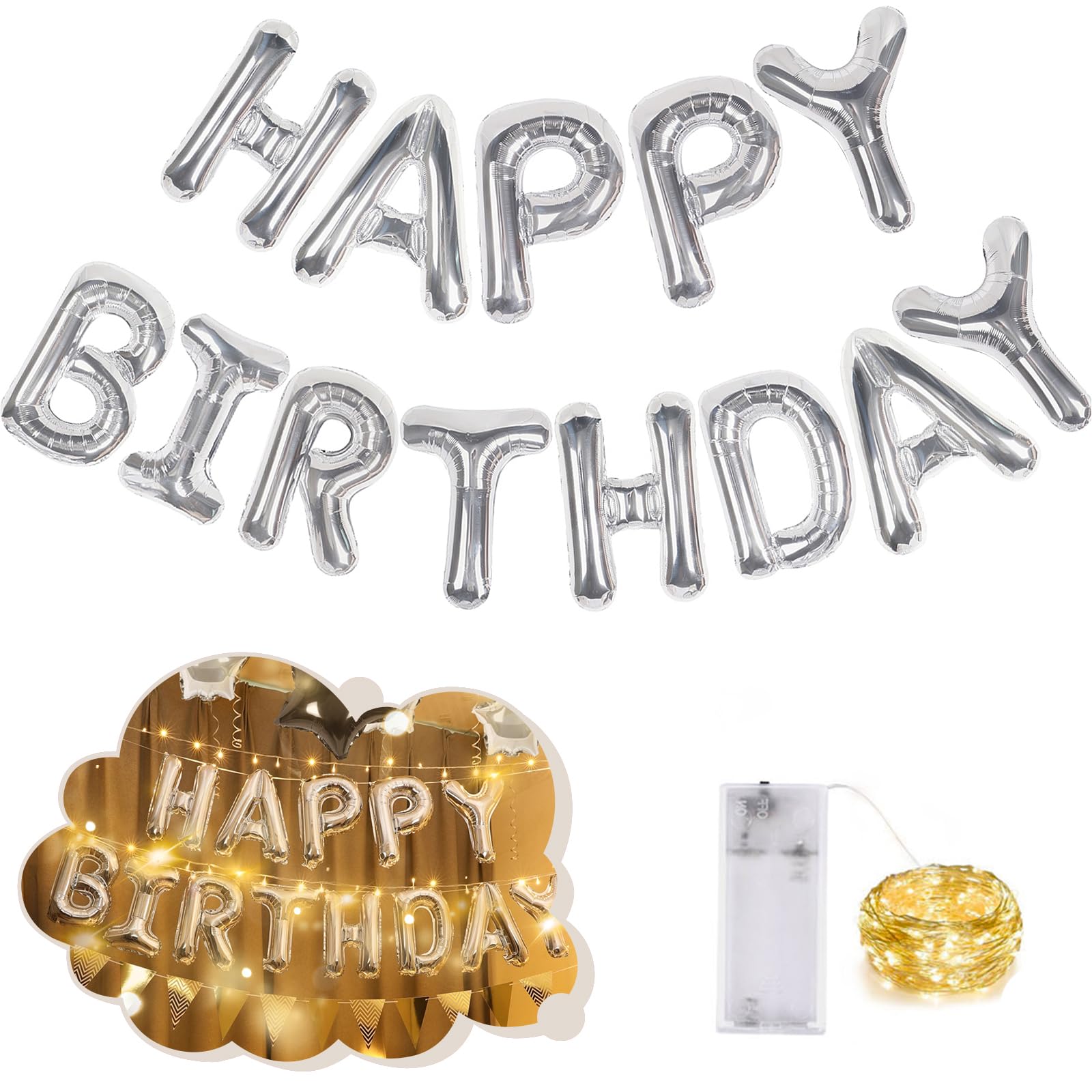 CANREVEL Happy Birthday Banner 13pcs – 16 inch Mylar Foil Letters with LED Lights (3D Silver)