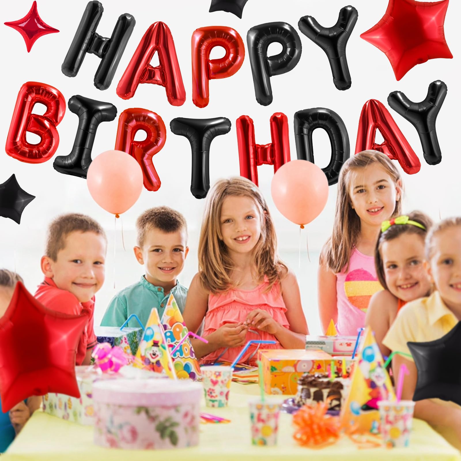 CANREVEL Happy Birthday Banner 13pc 16-Inch Foil Letters – 3D Black Red Birthday Party Decorations