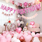 CANREVEL Happy Birthday Banner - 13pc 16-Inch Mylar Letter Balloons with 3D Pink Heart