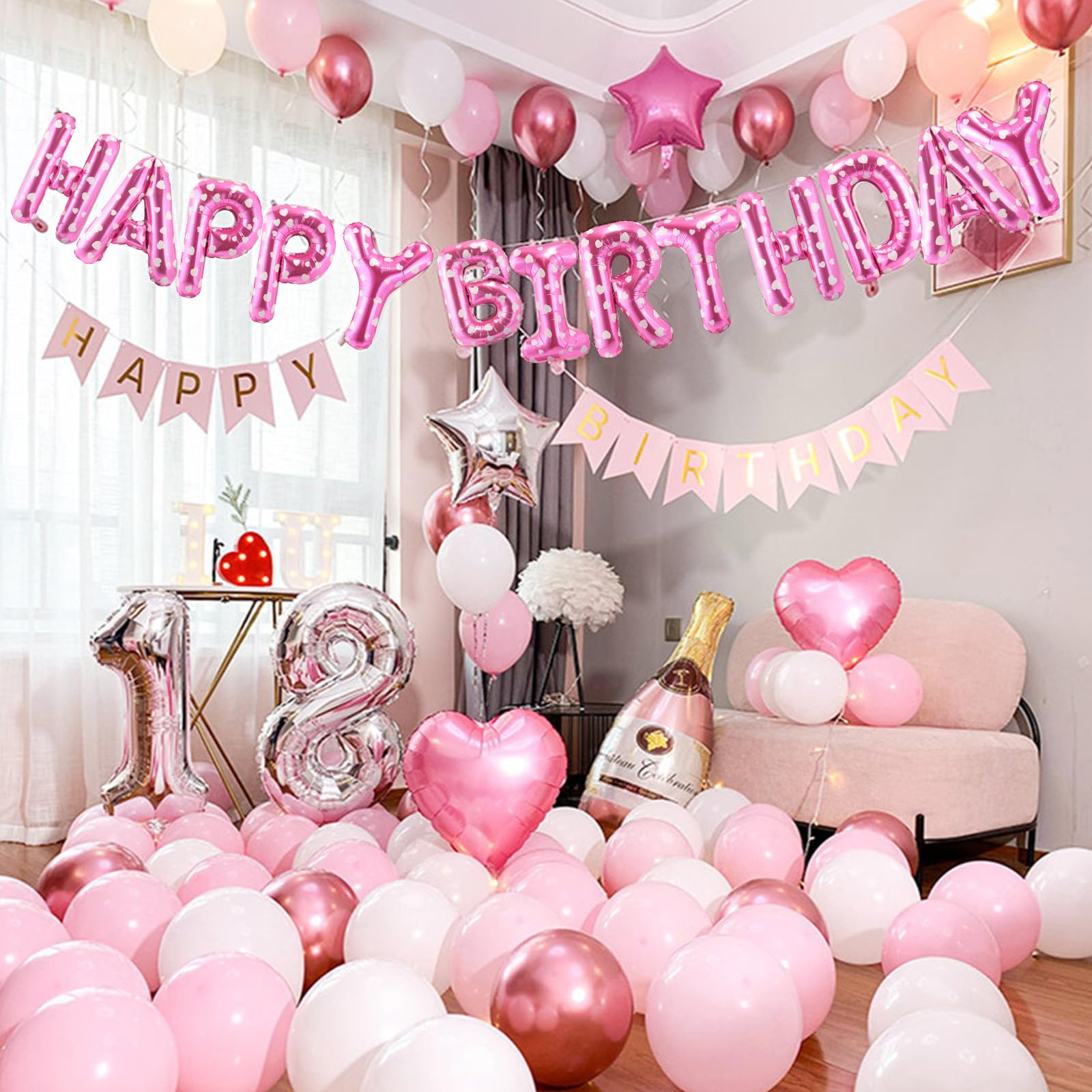 CANREVEL Happy Birthday Banner - 13pc 16-Inch Mylar Letter Balloons with 3D Pink Heart