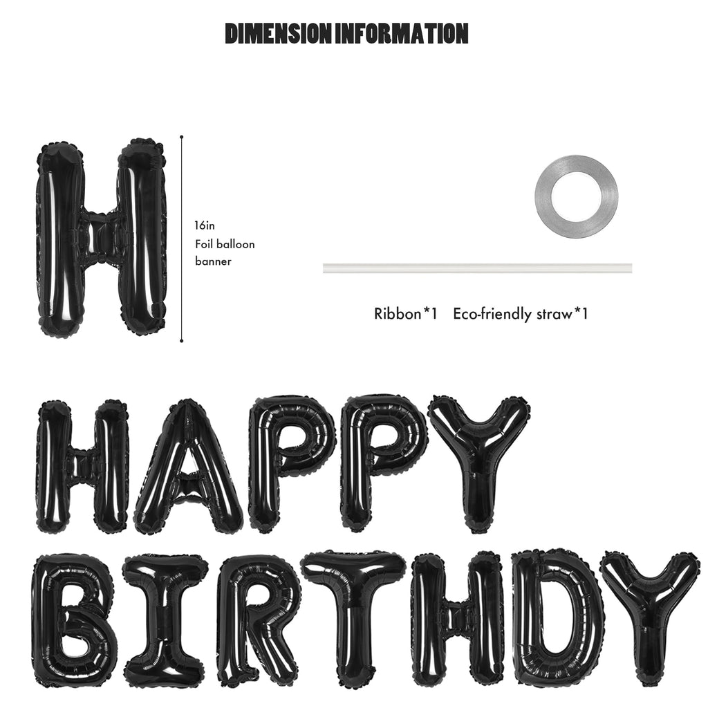 CANREVEL Happy Birthday Banner 16in Black Foil Letters - 13pc Party Decorations for Kids & Adults