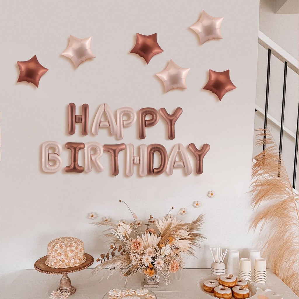CANREVEL Happy Birthday Banner 16inch Letters with Star Balloons – Caramel Birthday Party Decor Kit