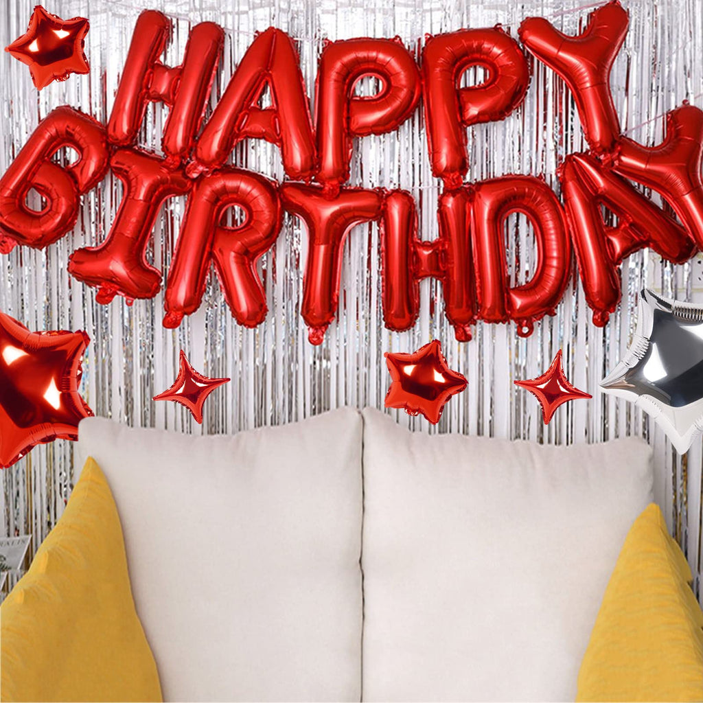 CANREVEL Happy Birthday Banner 16in Letters + 12 Red Star Balloons – 3D Red Party Decorations