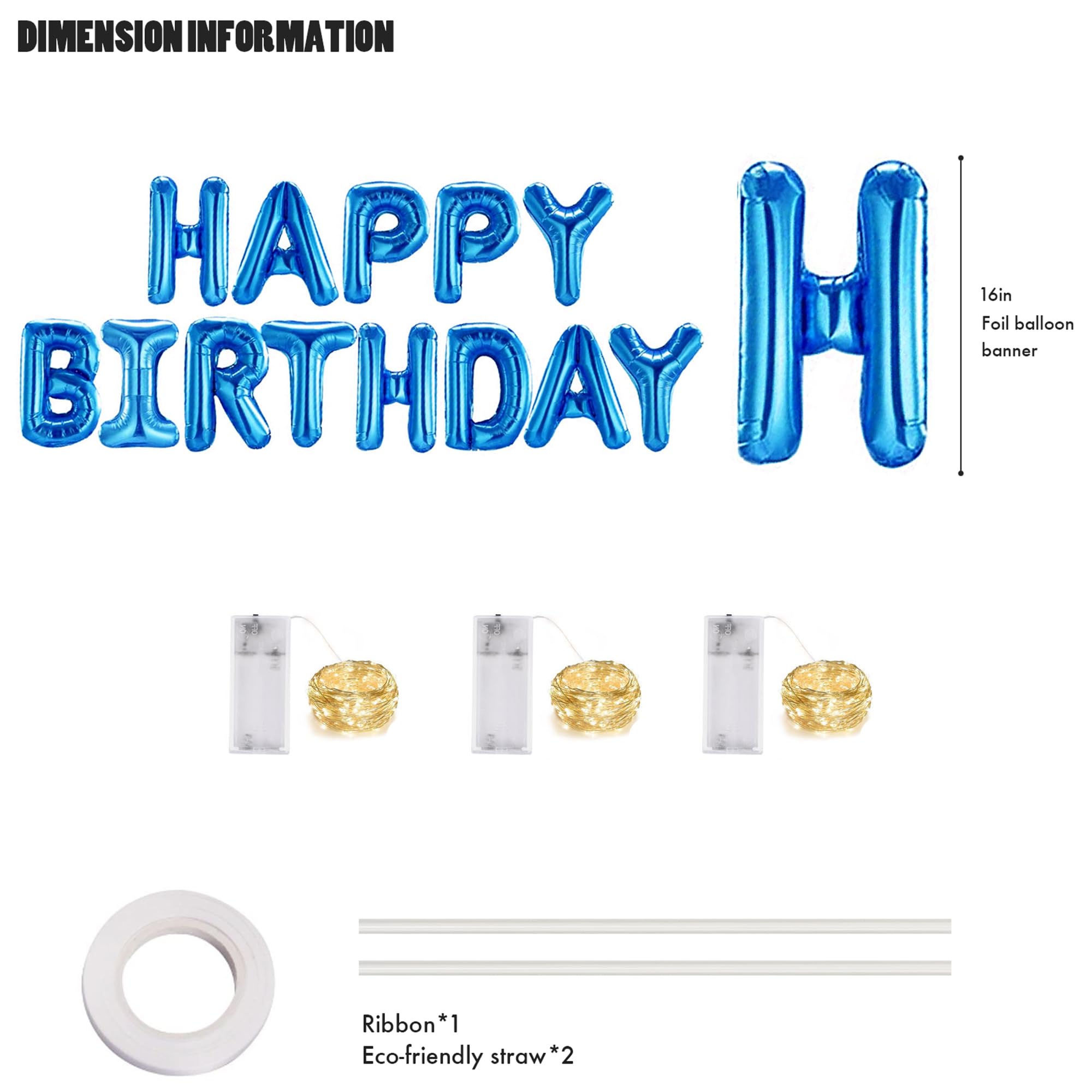 CANREVEL Happy Birthday Banner 13pc 16 Inch Mylar Letters with LED Lights Blue