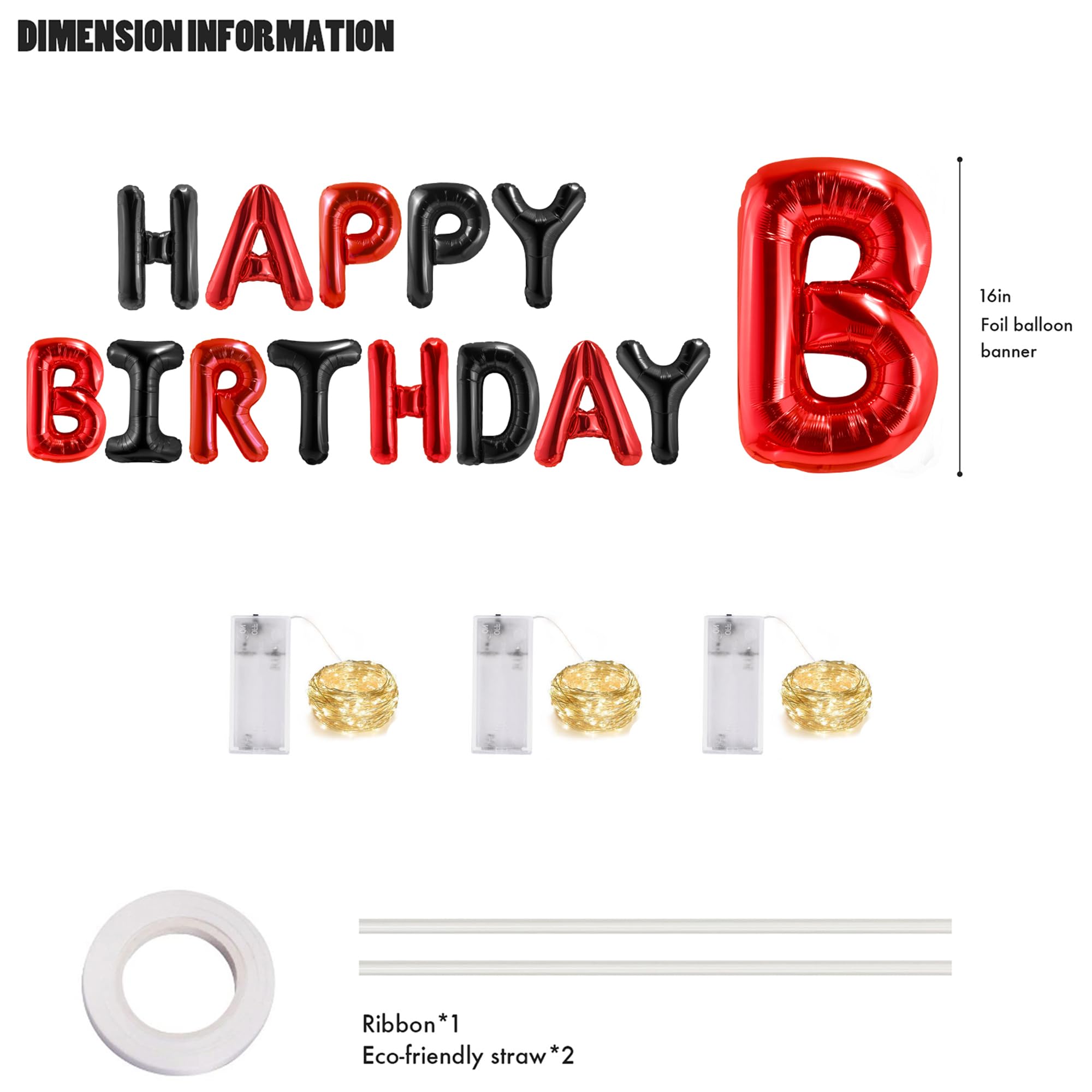 CANREVEL Happy Birthday Banner 13pcs 16 Inch Mylar Foil Letters with LED Lights – Black & Red Party Decor