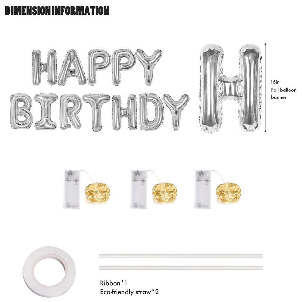 CANREVEL Happy Birthday Banner 13pcs – 16 inch Mylar Foil Letters with LED Lights (3D Silver)