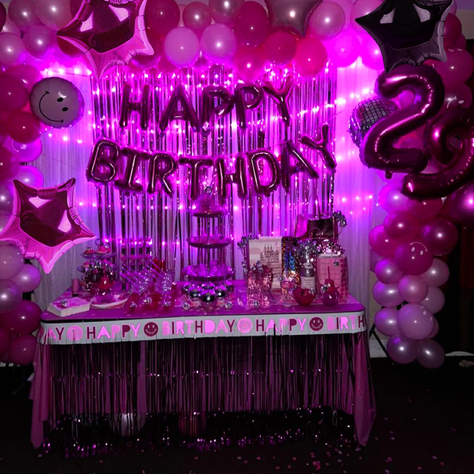 CANREVEL Happy Birthday Banner - 13pc, 16in Hot Pink Foil Letters + LED Lights