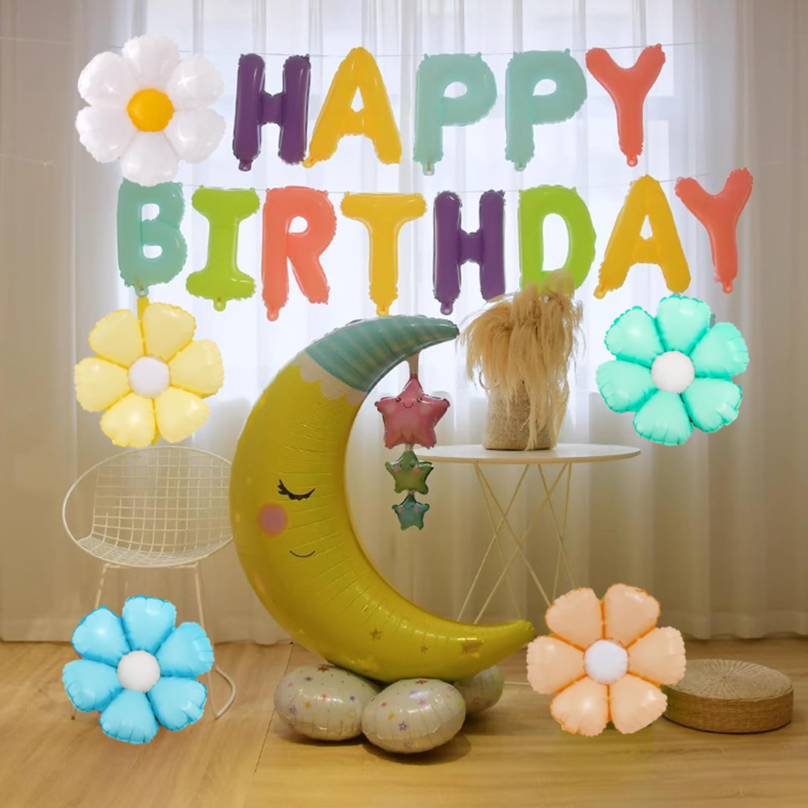 CANREVEL Happy Birthday Banner 13pc – 16in 3D Macaron Foil Letters + 5 Flower Balloons