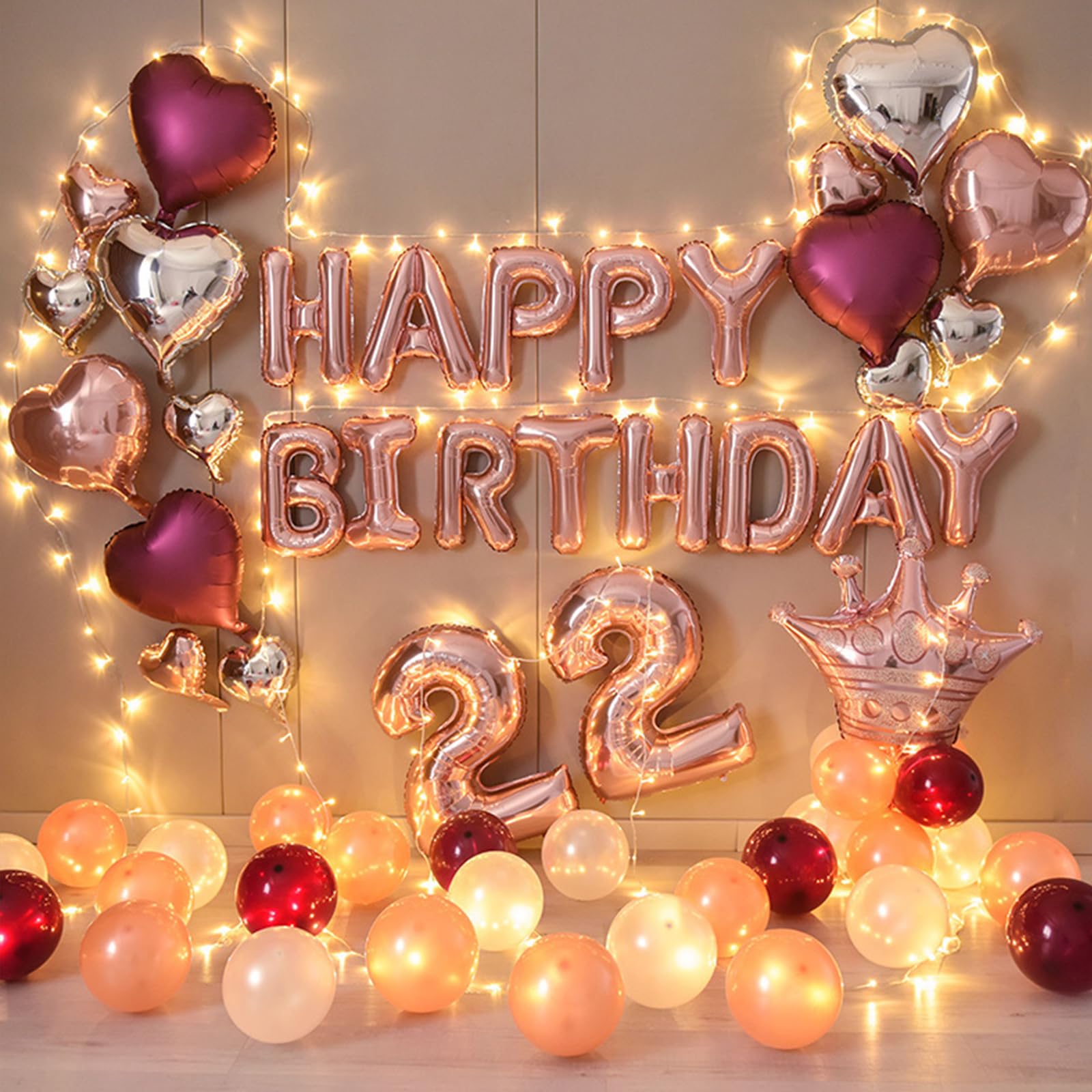 CANREVEL Happy Birthday Banner - 13pc 16-inch Rose Gold Foil Letters with LED Lights