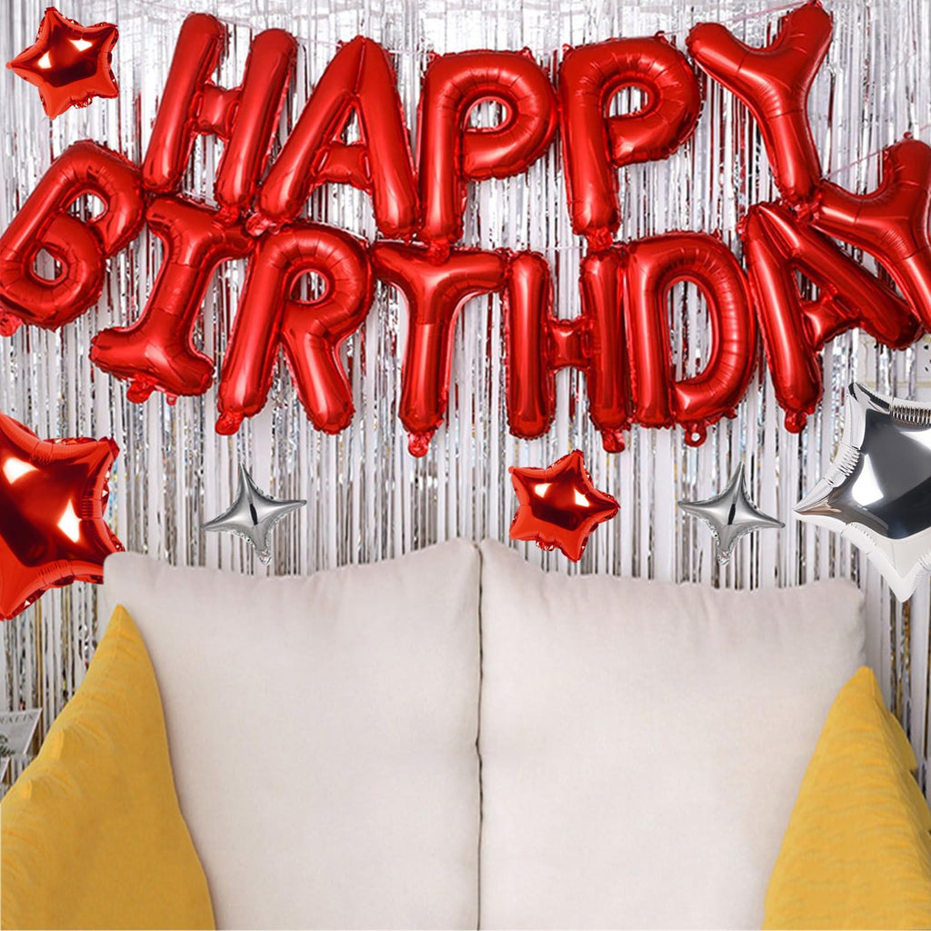 CANREVEL Happy Birthday Banner 13pcs - 16-Inch Red 3D Mylar Foil Letters & Balloons