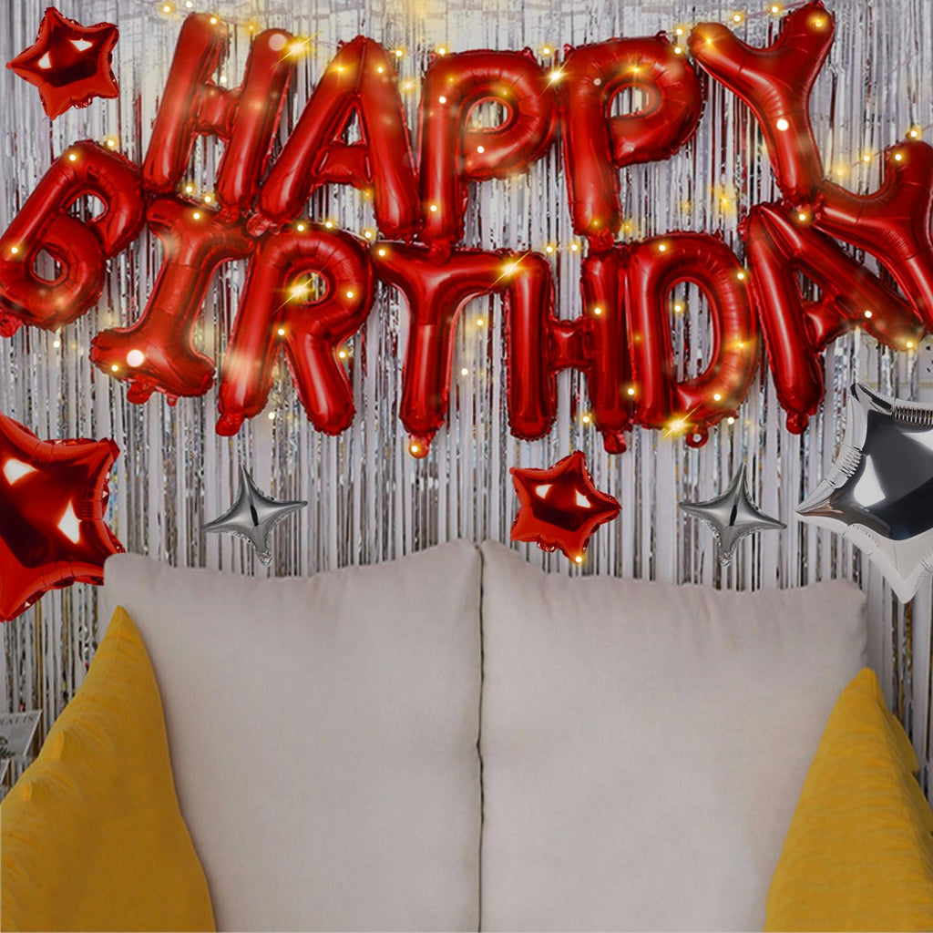 CANREVEL Happy Birthday Banner 13pc 16-Inch Mylar Foil Letters with LED Lights – 3D Red Party Decorations