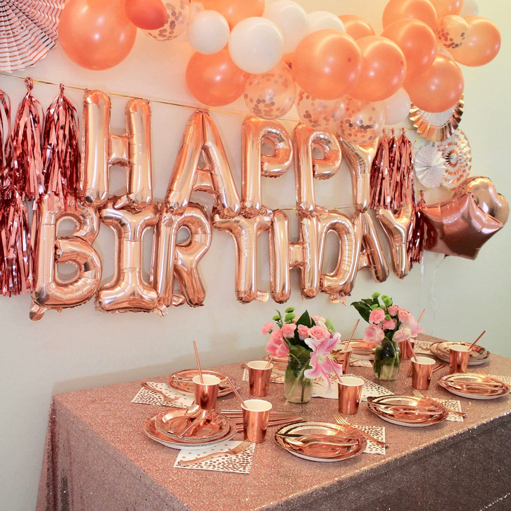 CANREVEL Happy Birthday Banner 13pc 16in Rose Gold Mylar Letters - Party Decor