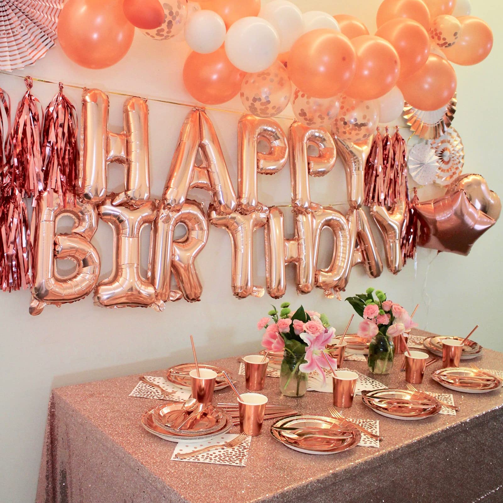 CANREVEL Happy Birthday Banner 13pc 16in Rose Gold Mylar Letters - Party Decor