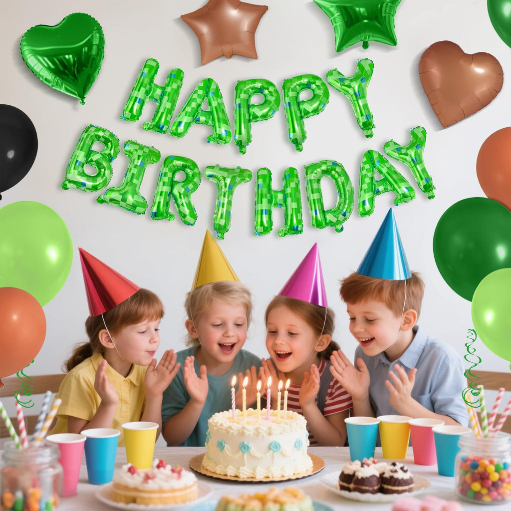 CANREVEL Happy Birthday Banner 13pc 16in Green Pixel Miner Theme – Party Decor for Kids and Adults