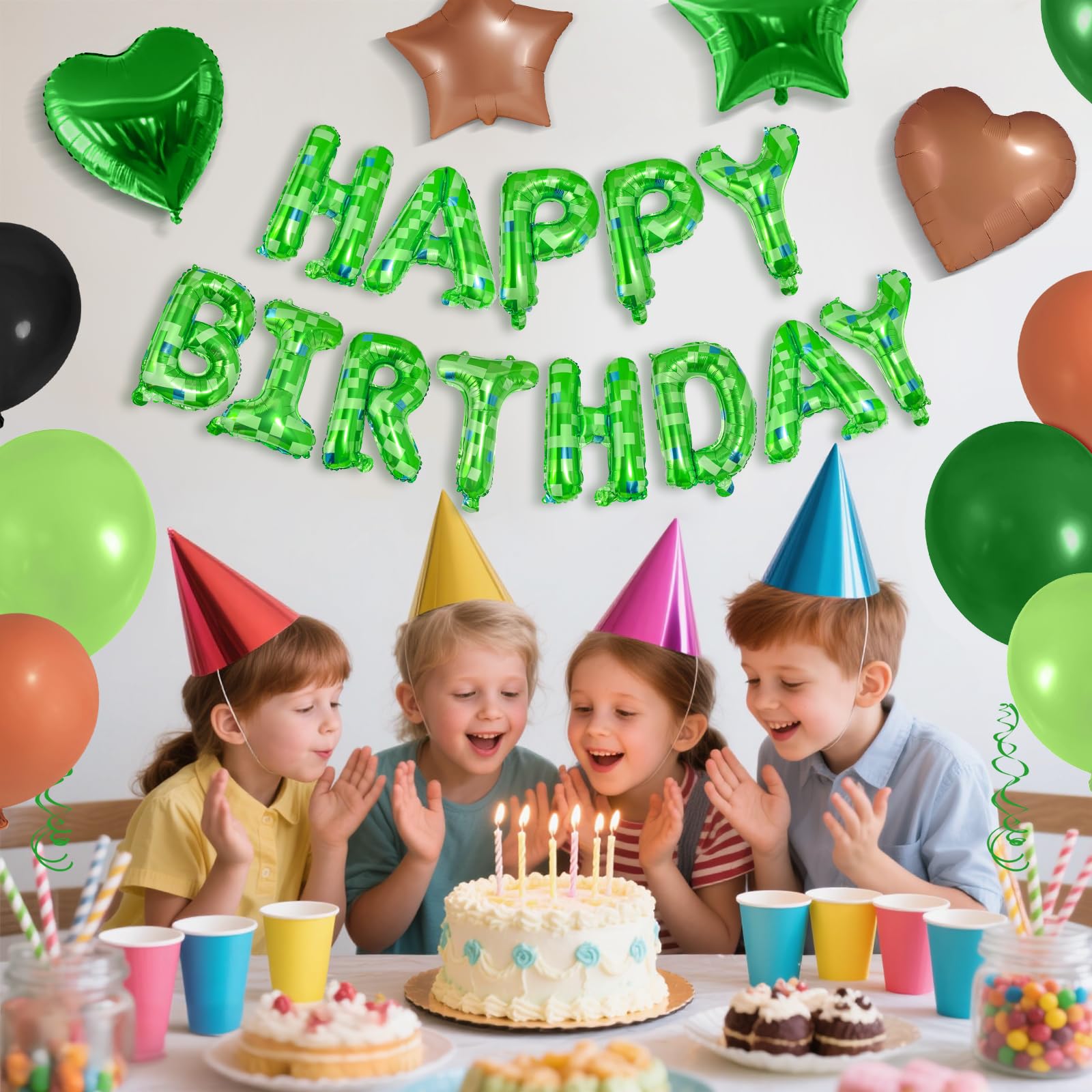 CANREVEL Happy Birthday Banner 13pc 16in Green Pixel Miner Theme – Party Decor for Kids and Adults