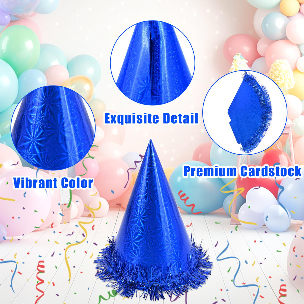 CANREVEL 12-Piece Holographic Party Hats for Adults – Cone Hats with Tinsel for Birthday Celebrations