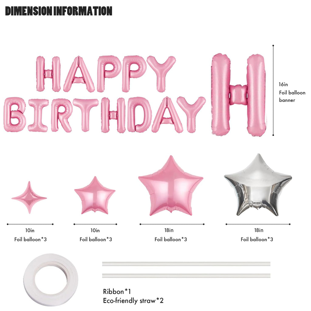 CANREVEL Happy Birthday Banner Set 13 Letters + 12 Pink Balloons – 16in Letters & 18in Star Decor