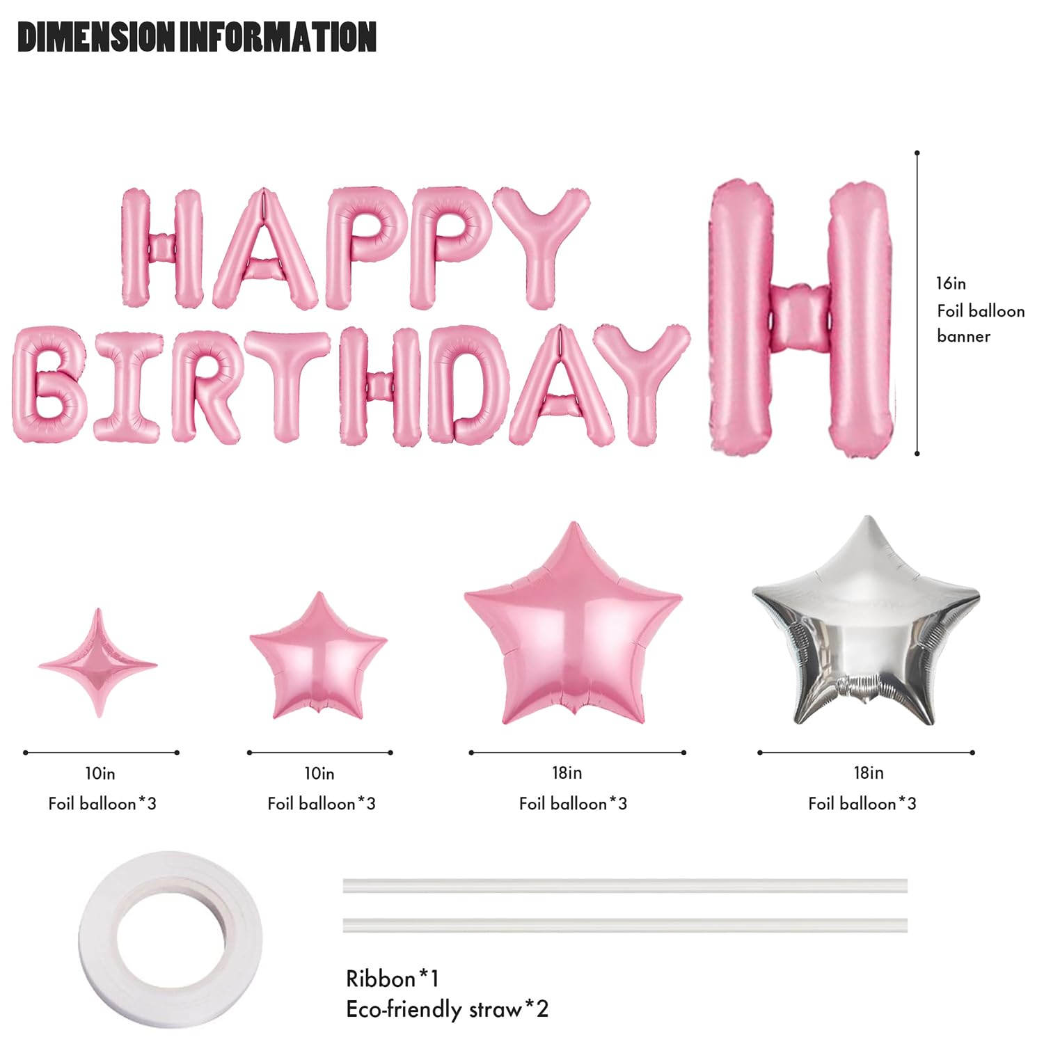 CANREVEL Happy Birthday Banner Set 13 Letters + 12 Pink Balloons – 16in Letters & 18in Star Decor