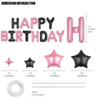 CANREVEL Happy Birthday Banner 16in - 13-Letter Set + 12 Star Balloons, Black & Pink 3D Party Decor