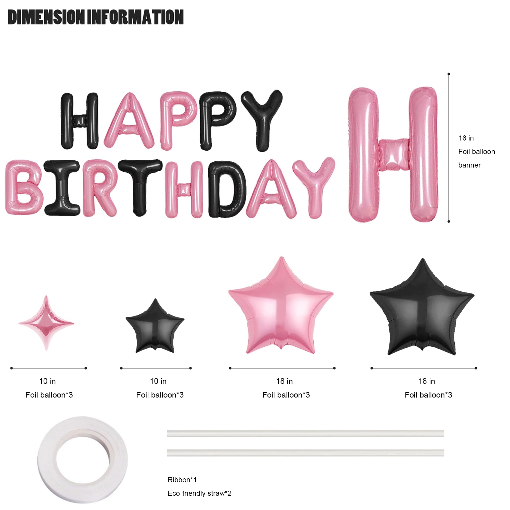 CANREVEL Happy Birthday Banner 16in - 13-Letter Set + 12 Star Balloons, Black & Pink 3D Party Decor