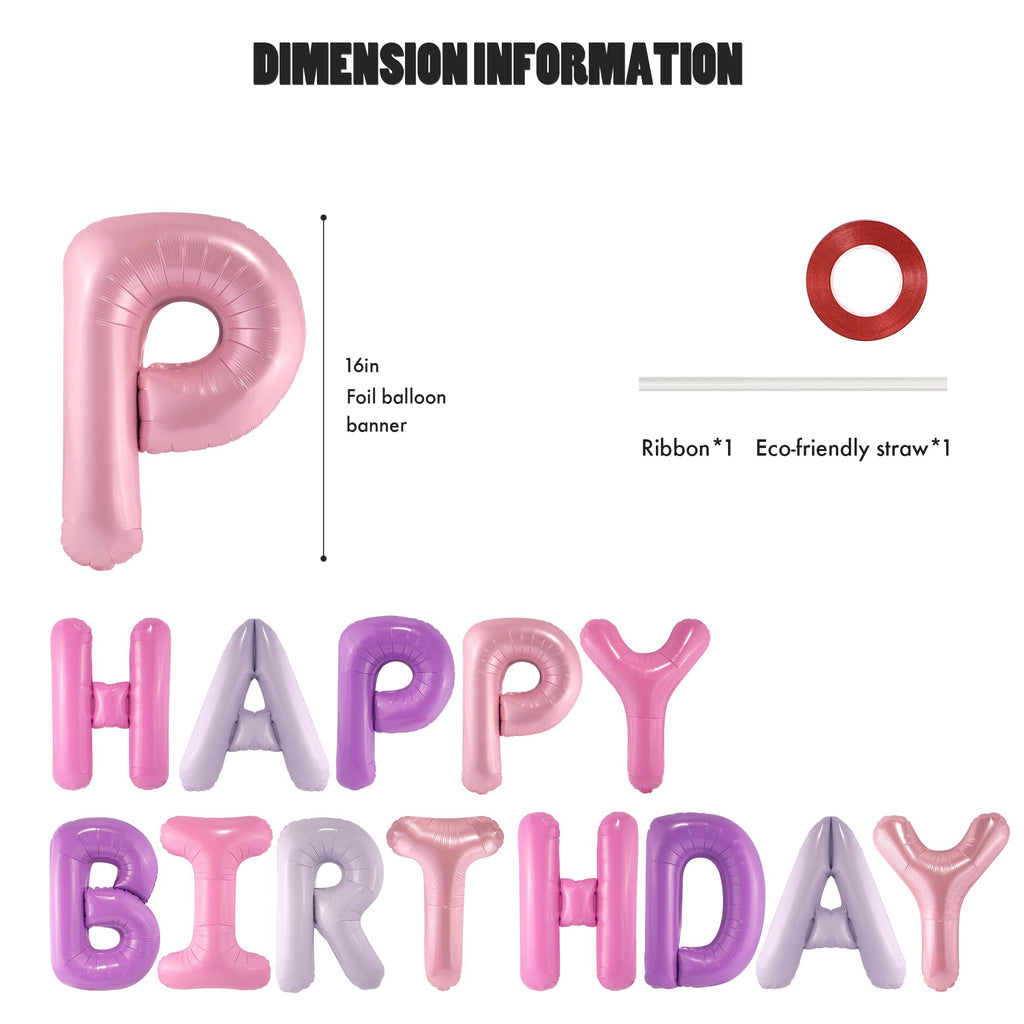 CANREVEL Happy Birthday Banner - 13pc 16in Mylar Foil Letters, Pink & Purple