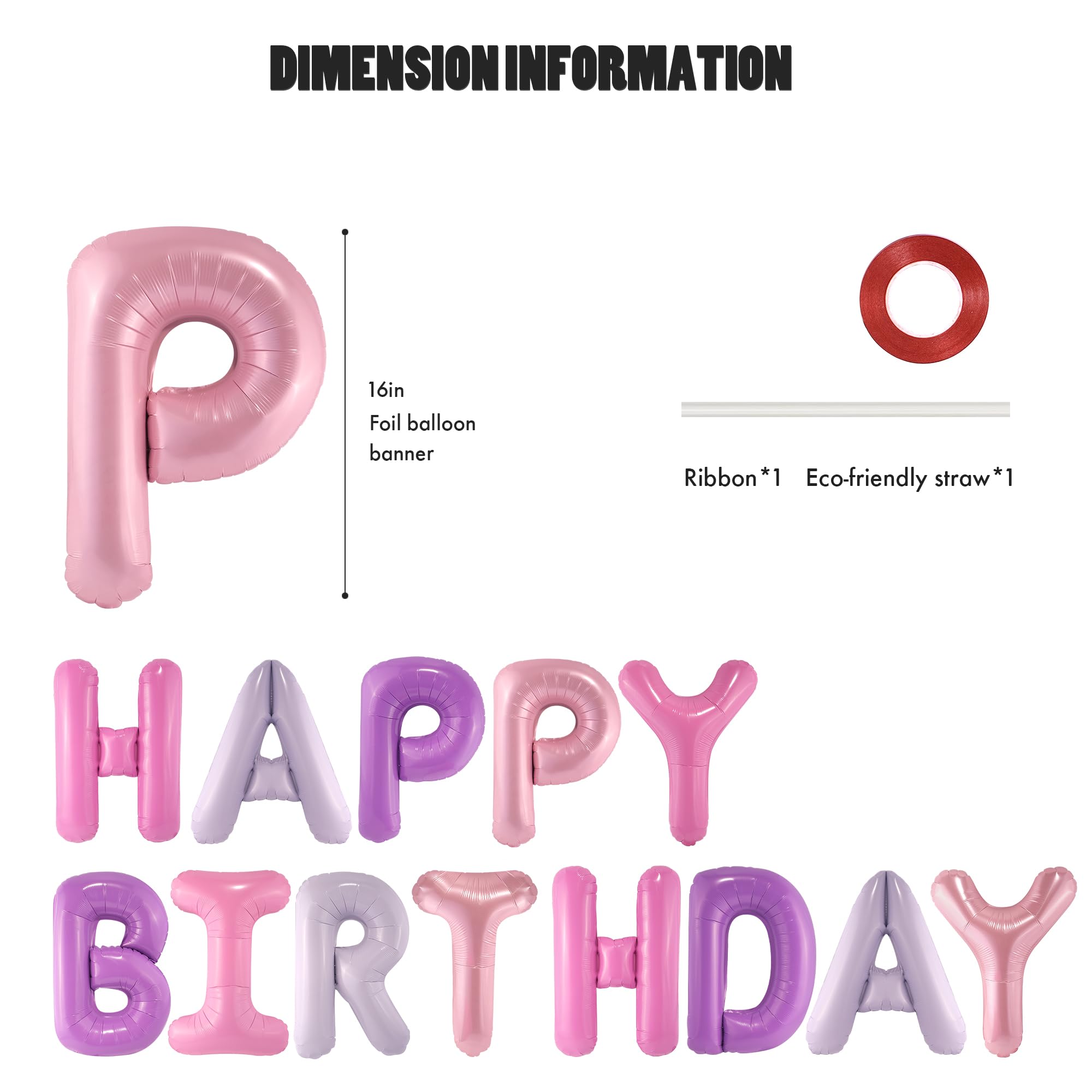CANREVEL Happy Birthday Banner - 13pc 16in Mylar Foil Letters, Pink & Purple