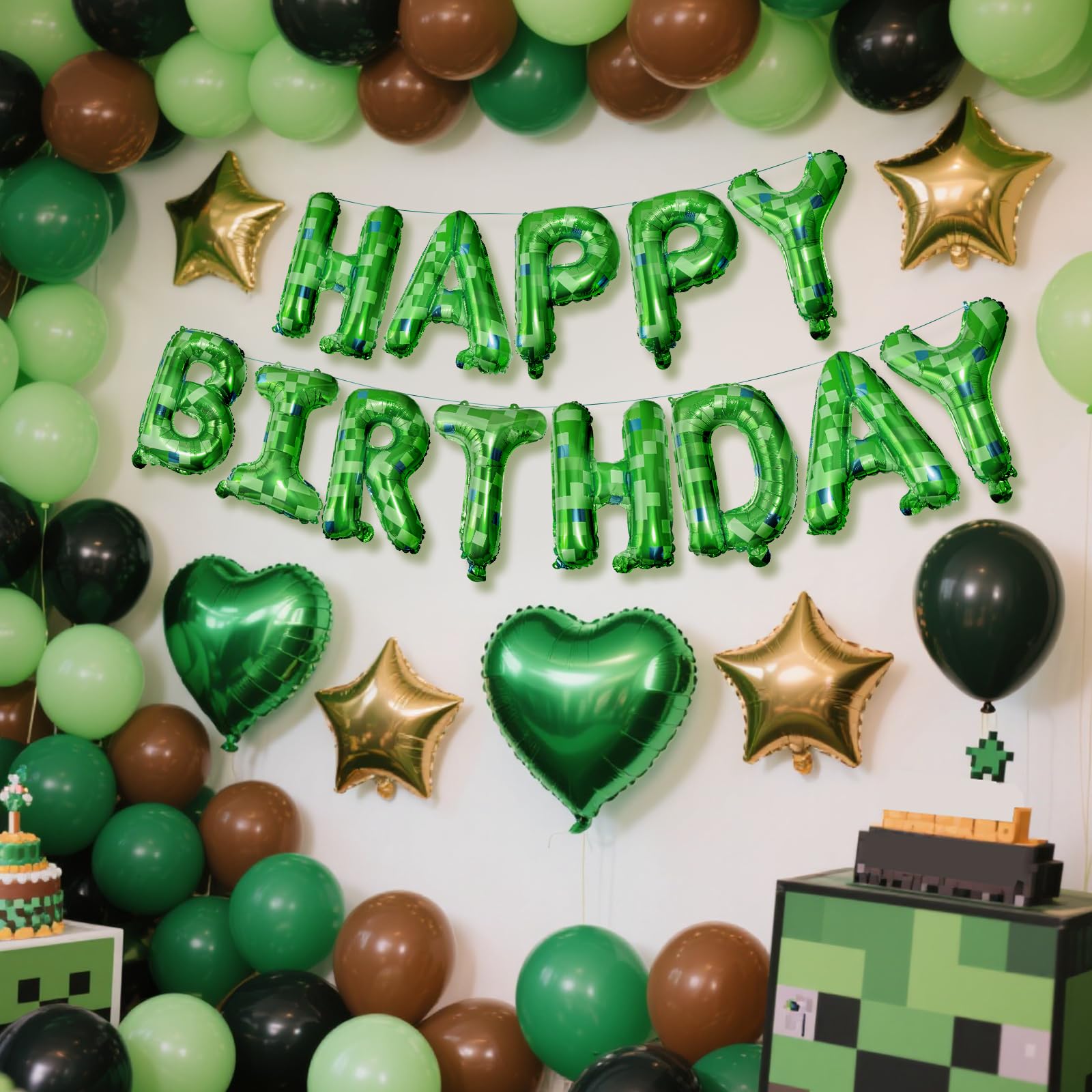 CANREVEL Happy Birthday Banner 13pc 16in Green Pixel Miner Theme – Party Decor for Kids and Adults