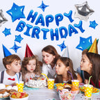 CANREVEL Happy Birthday Banner 13pcs 16in + 12 Star Balloons | 3D Blue Party Decorations for Kids & Adults